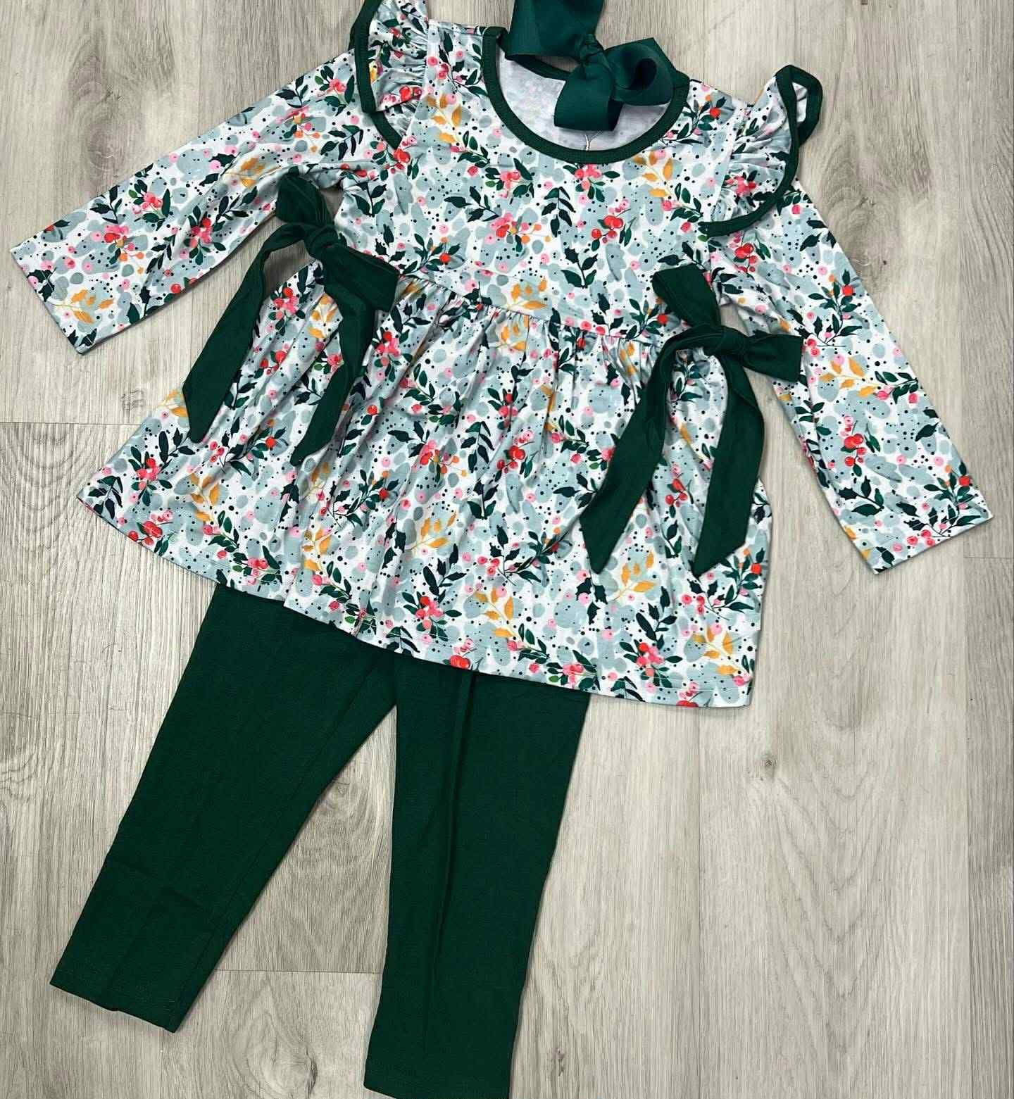 preorder GLP2775 colorful flowers floral bows long sleeve green pants girls set