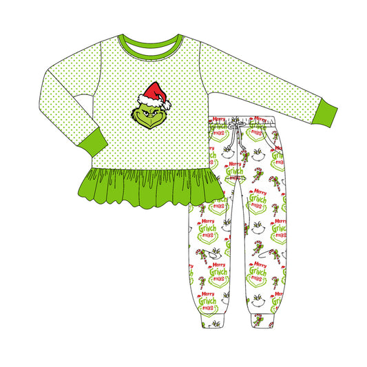 preorder GLP2779 Christmas green face striped long sleeve pants girls set