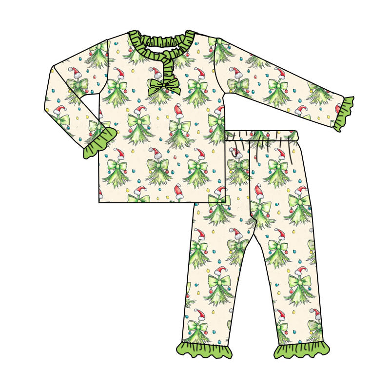 Custom moq 20 bamboo Christmas green bows long sleeve pants girls pajamas