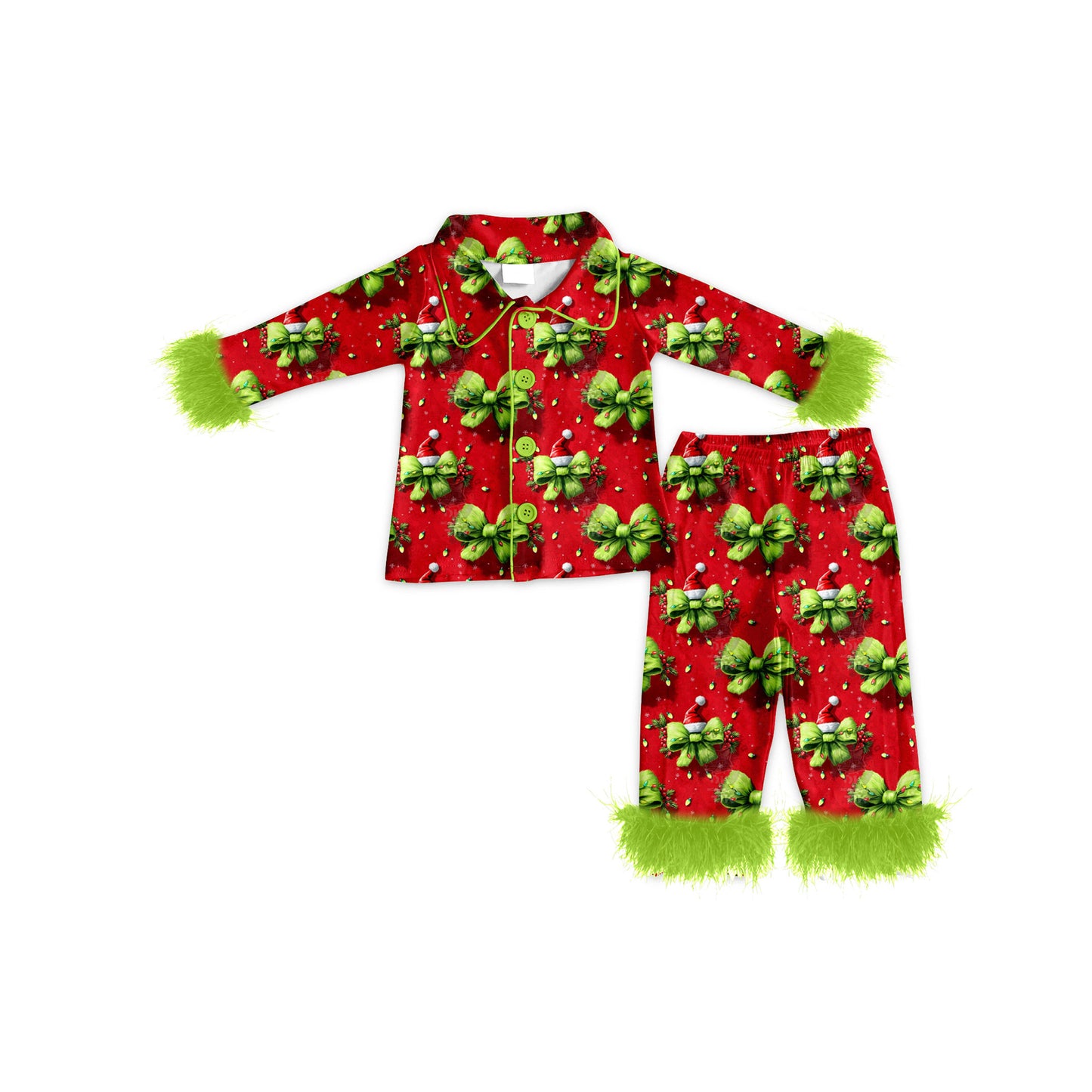 preorder GLP2784 Christmas green bows hat red long sleeve pants fur girls pajamas