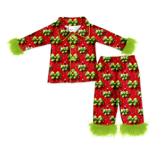 preorder GLP2785 Christmas green bows hat red long sleeve pants fur adult pajamas