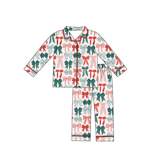 Custom moq 20 bamboo Christmas green red bows long sleeve pants girls pajamas