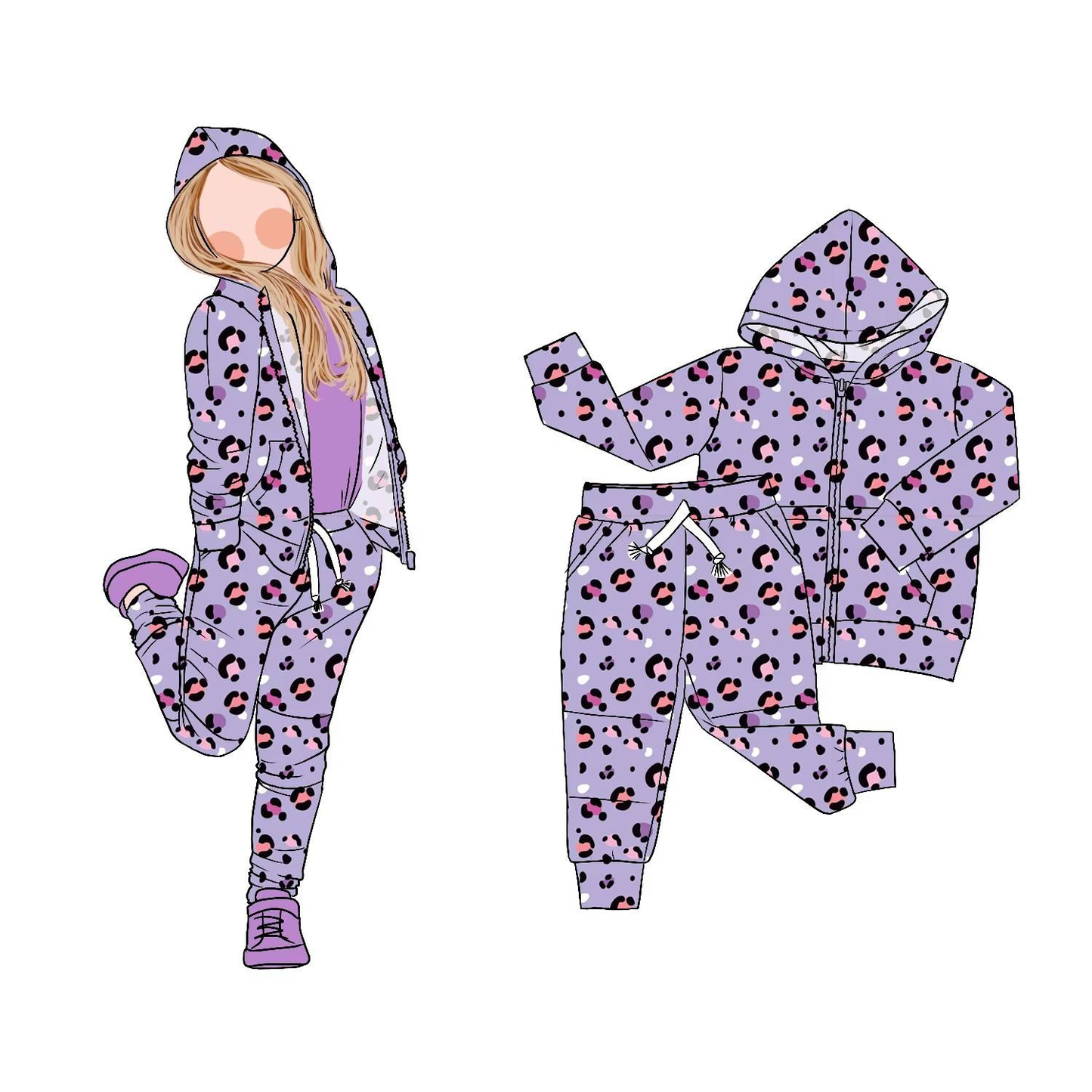 preorder GLP2791 purple leopard zipper hoodie long sleece coat pants girls set