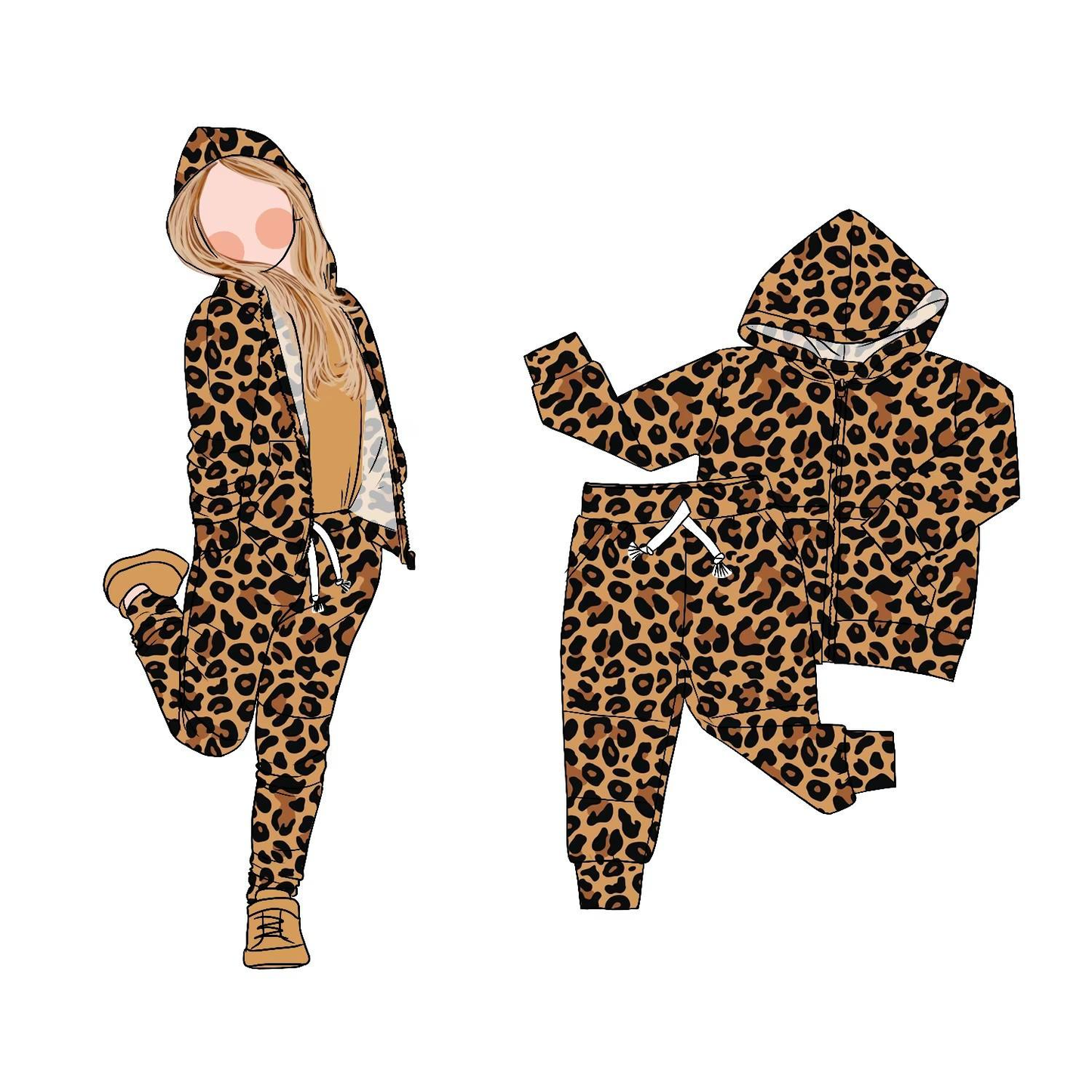 preorder GLP2793 brown leopard zipper hoodie long sleece coat pants girls set