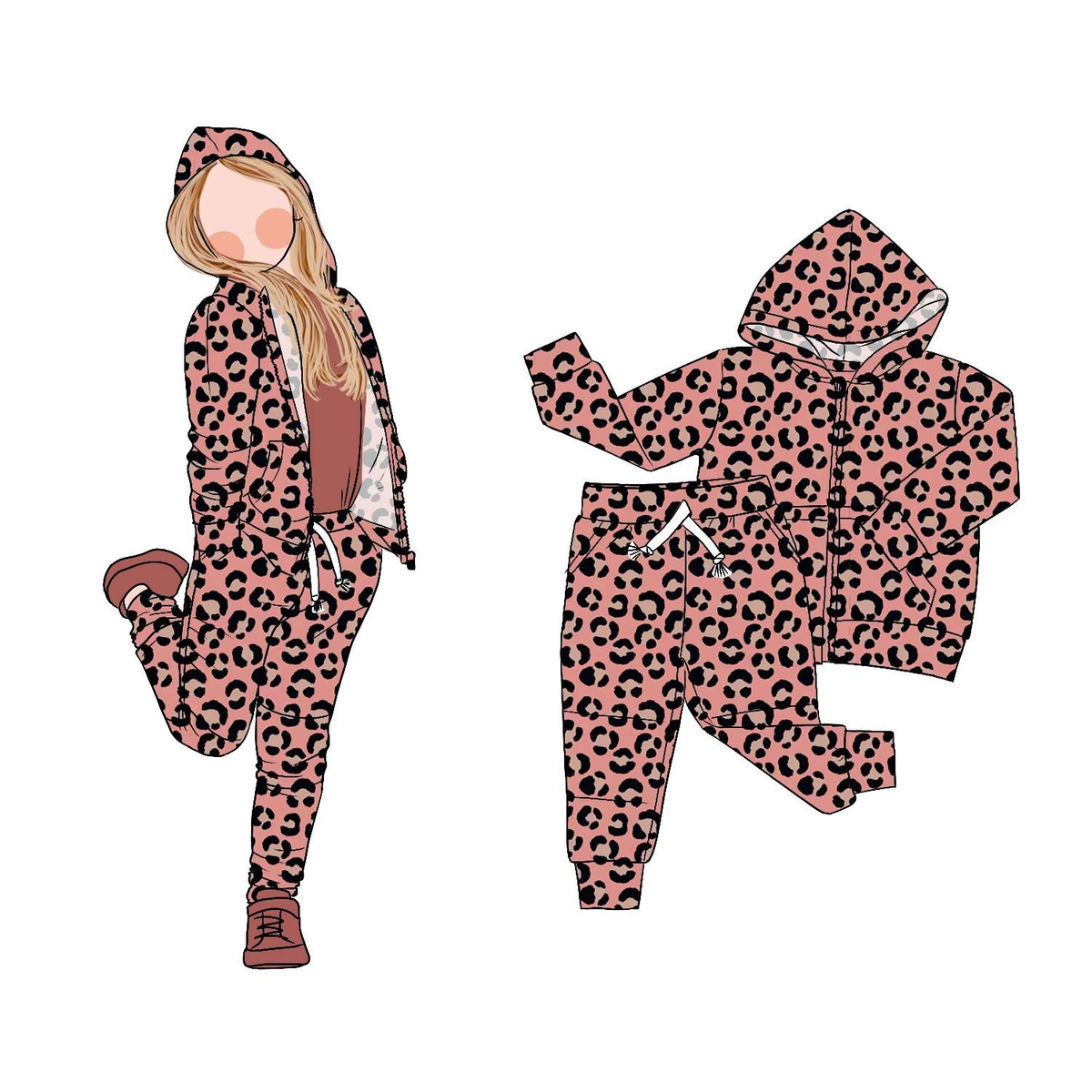 preorder GLP2794 pink leopard zipper hoodie long sleece coat pants girls set