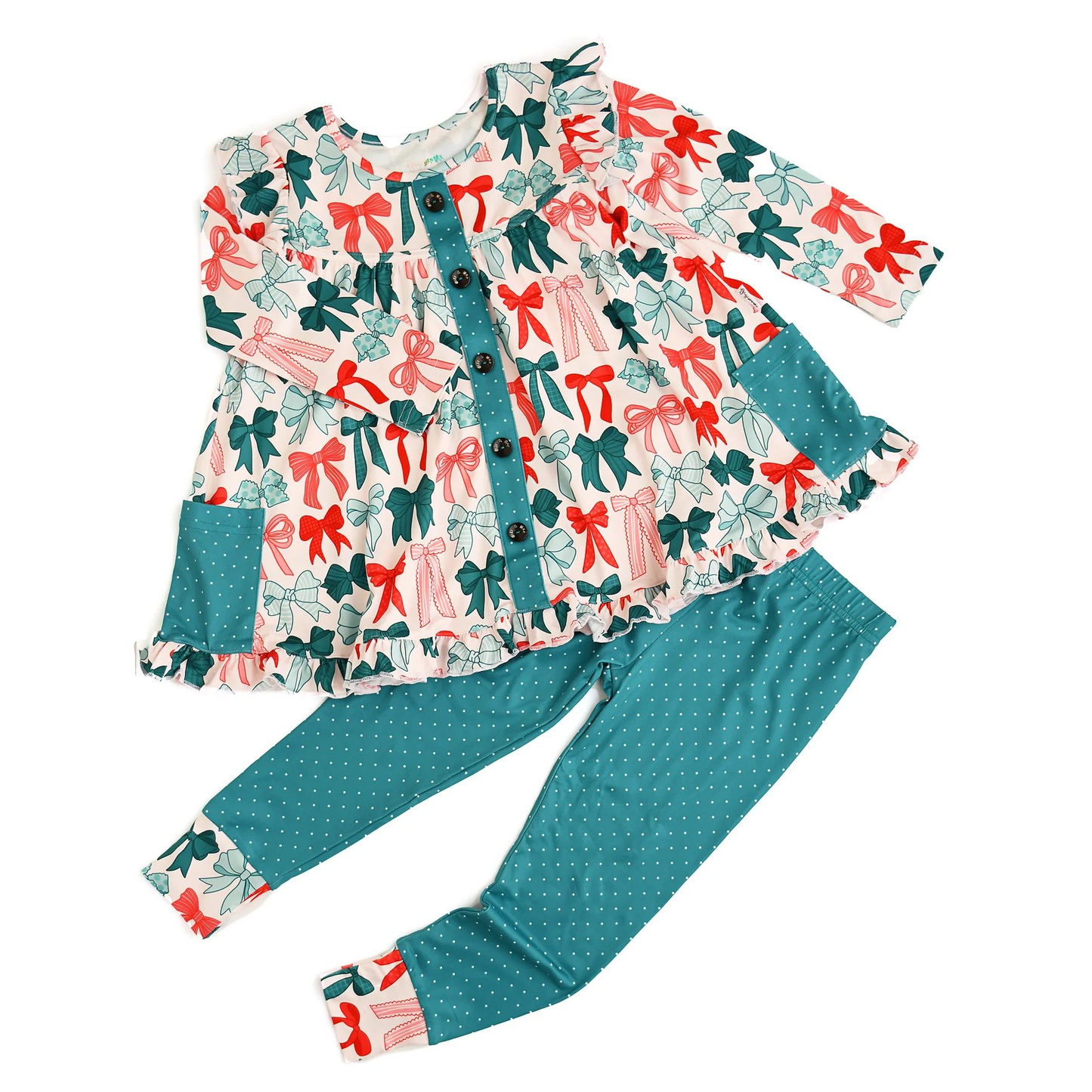 preorder GLP2810 Christmas green red bows long sleeve blue pants girls set