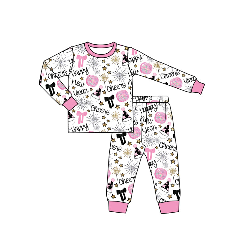 preorder GLP2818 happy new year bows cheers pink long sleeve pants girls pajamas