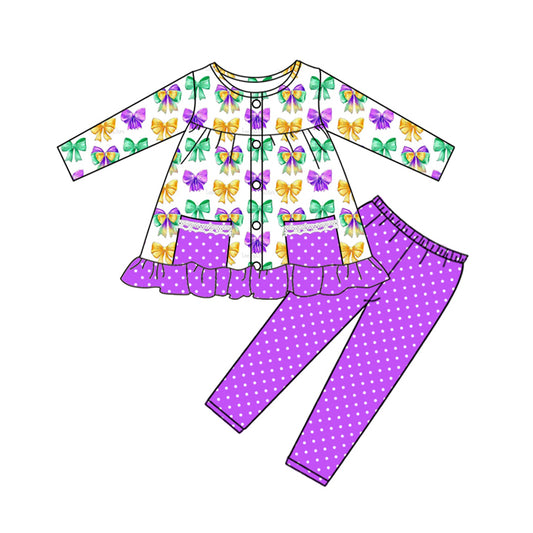 preorder GLP2820 Mardi Gras purple yellow green bows long sleeve purple dot pants girls set
