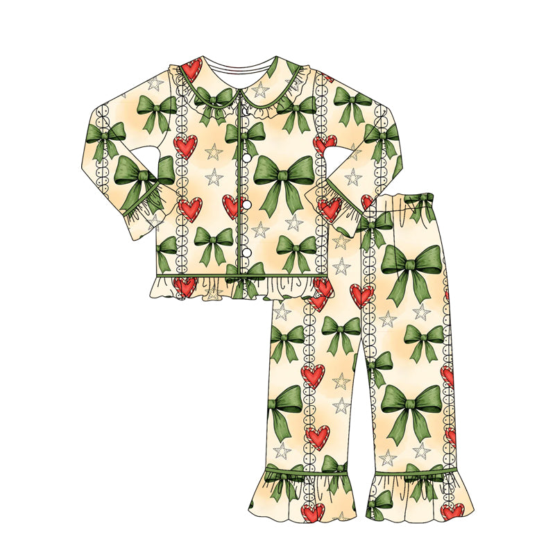 preorder GLP2833 Christmas green bows red long sleeve pants girls pajamas