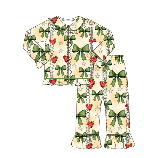preorder GLP2833 Christmas green bows red long sleeve pants girls pajamas
