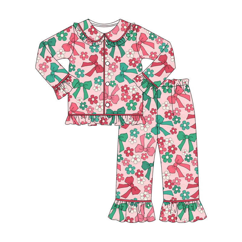 preorder GLP2834 Christmas red/green bows flowers pink long sleeve pants girls pajamas