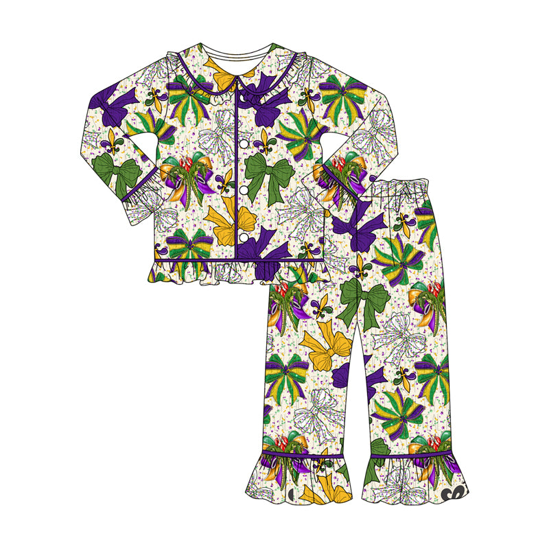 preorder GLP2835 Mardi Gras purple/green/yellow bows long sleeve pants girls pajamas