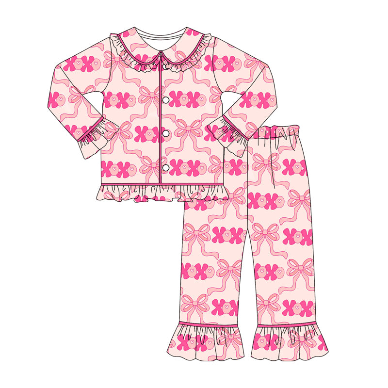 preorder GLP2838 Valentine's Day XOXO bows pink long sleeve pants girls pajamas