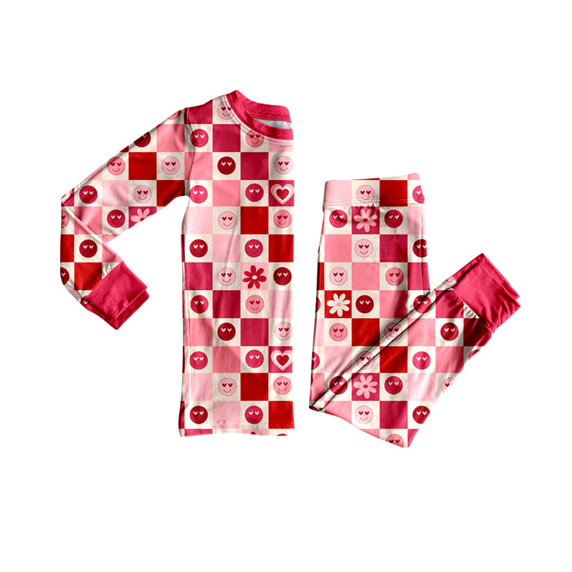 preorder GLP2842 Valentine's Day red/hot pink smile heart checkered long sleeve pants girls pajamas