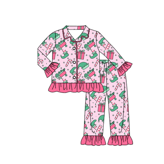 preorder GLP2844 Christmas elf gilf cane candy pink long sleeve pants girls pajamas