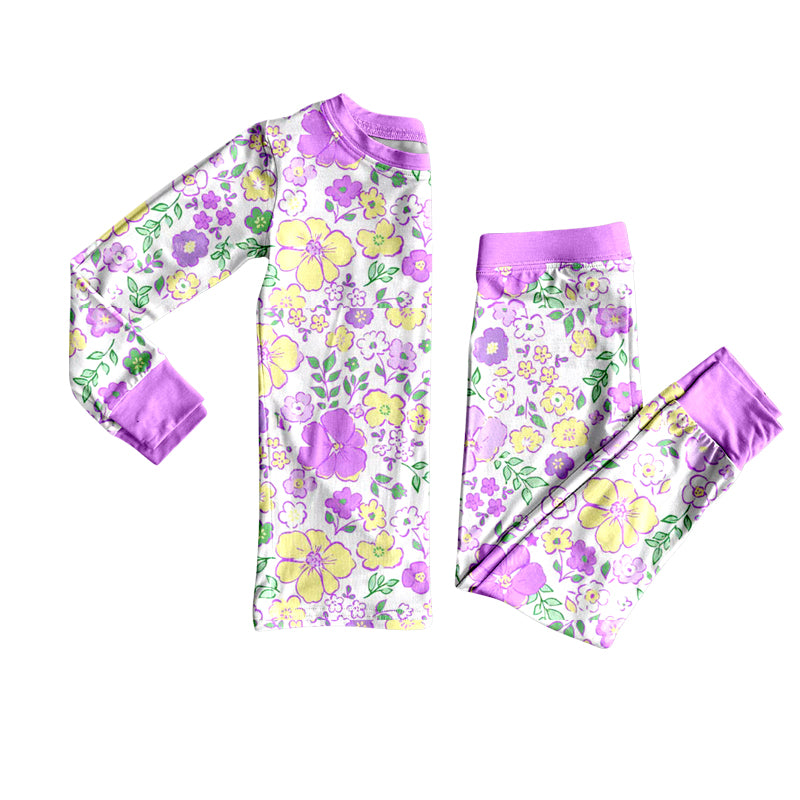 preorder GLP2846 colorful flowers yellow purple long sleeve pants girls pajamas