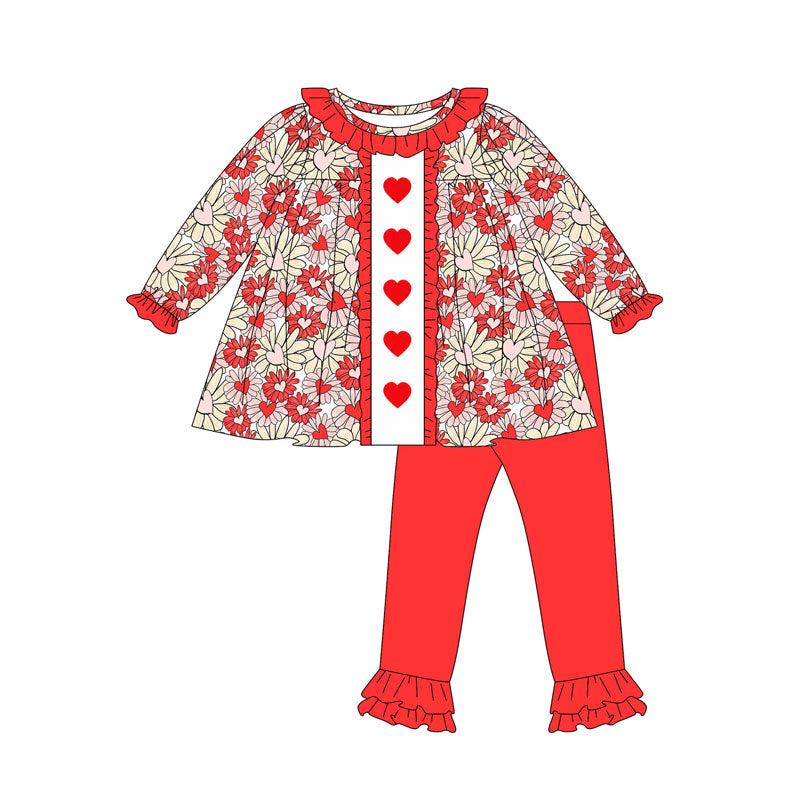 preorder GLP2847 Valentine's Day hear flowers red long sleeve pants girls set