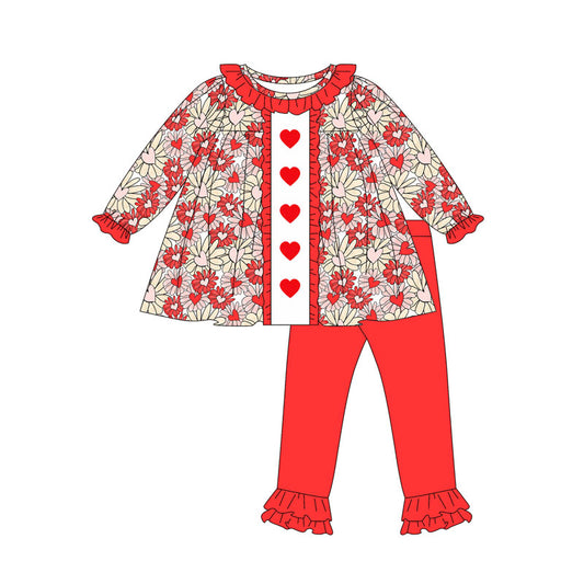 preorder GLP2847 Valentine's Day hear flowers red long sleeve pants girls set