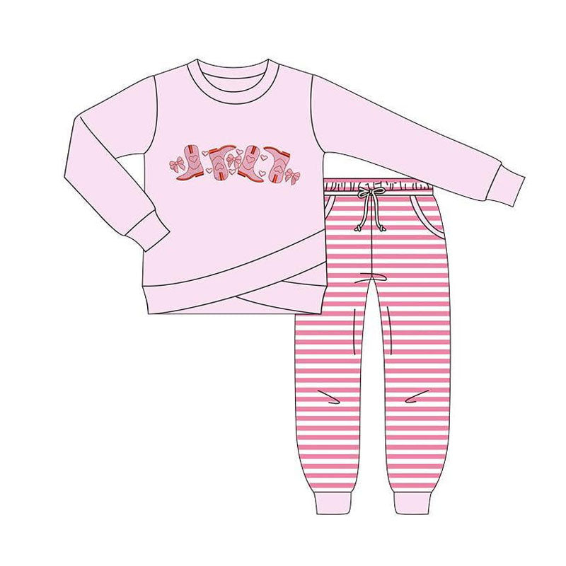 preorder GLP2851 Valentine's Day Western pink heart bows boots long sleeve striped pants girls set