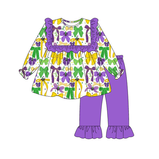 preorder GLP2856 Mardi Gras yellow purple green bows long sleeve purple pants girls set