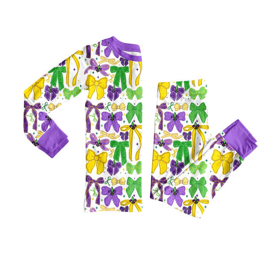 preorder GLP2857 Mardi Gras yellow purple green bows long sleeve pants girls pajamas