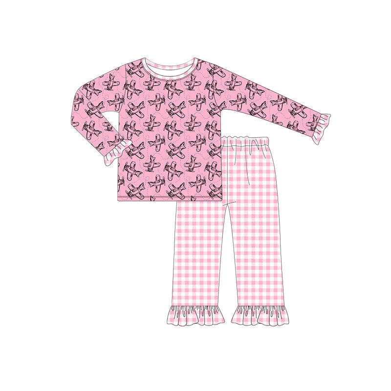 preorder GLP2858 cute plane pink long sleeve pink chekered pants girls set