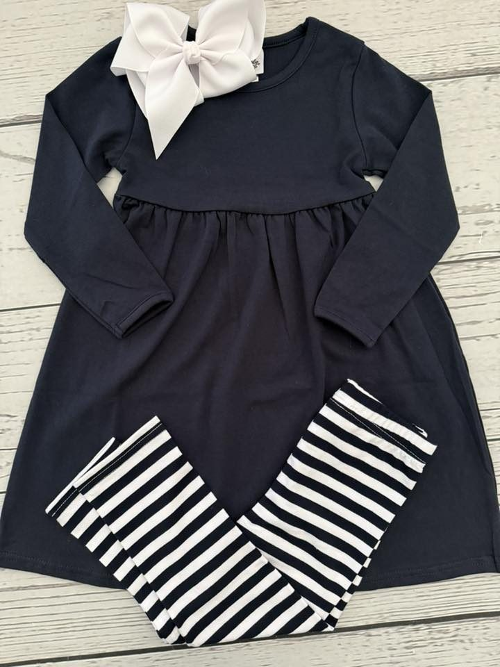 preorder GLP2866 navy blue long sleeve navy blue striped pants girls set