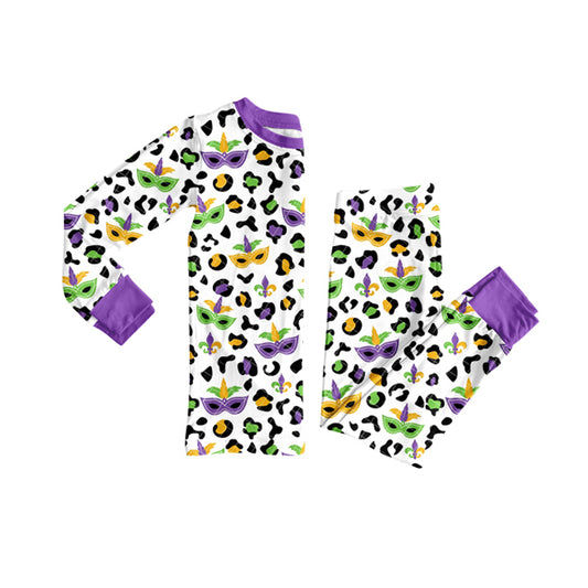 preorder GLP2870 Mardi Gras leopard yellow purple green long sleeve pants girls pajamas