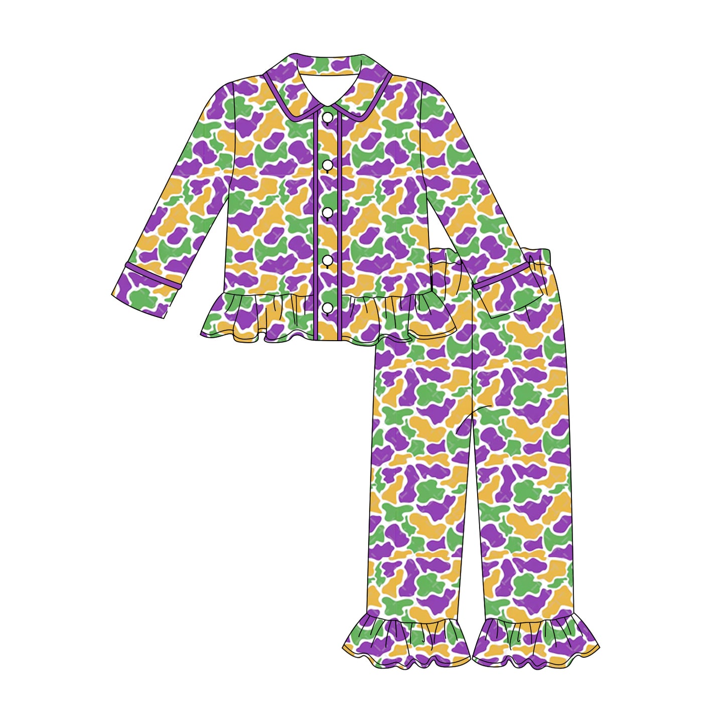 preorder GLP2871 Mardi Gras camo yellow purple green long sleeve pants girls pajamas