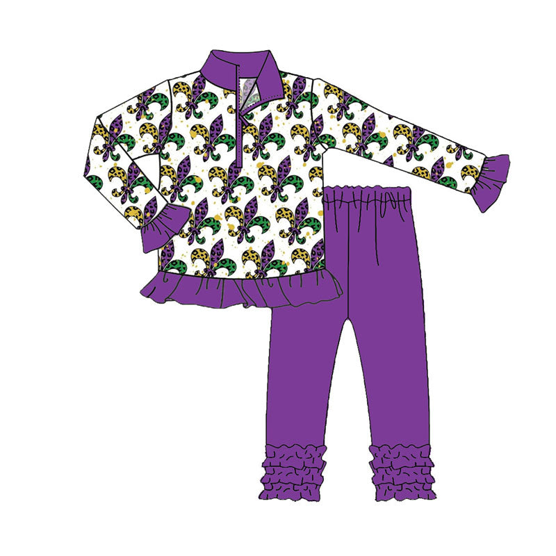 preorder GLP2873 Mardi Gras yellow purple green zipper long sleeve purple pants girls set