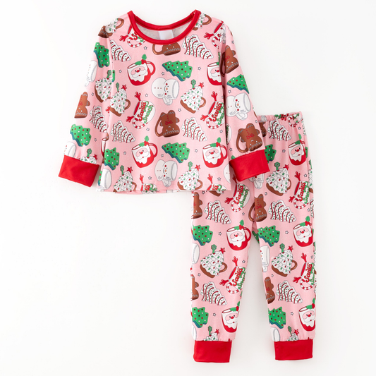 preorder GLP2879 Christmas tree Santa cup red pink long sleeve pants girls pajamas