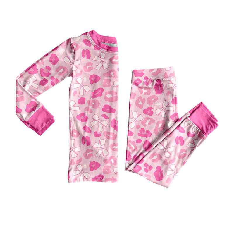 preorder GLP2882 pink bows leopard long sleeve pants girls pajamas