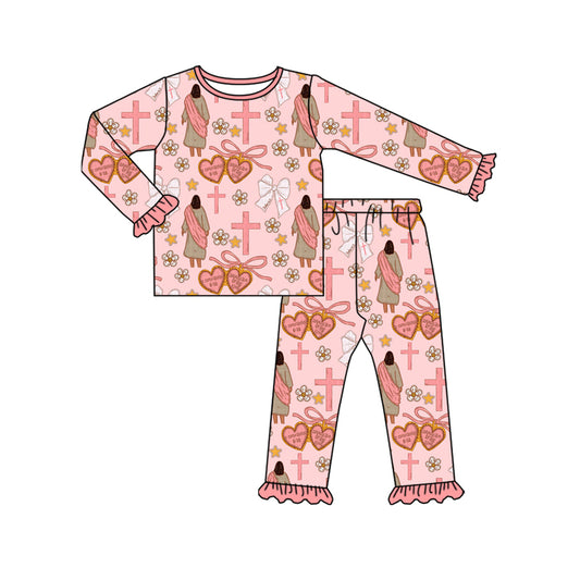 preorder GLP2889 Easter cross heart bows pink long sleeve pants girls pajamas