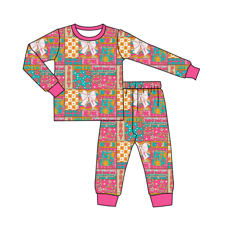 preorder GLP2890 Easter cross heart bows pray hot pink long sleeve pants girls pajamas