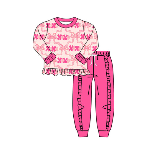 preorder GLP2892 Valentine's Day bows XOXO pink long sleeve hot pink pants girls set