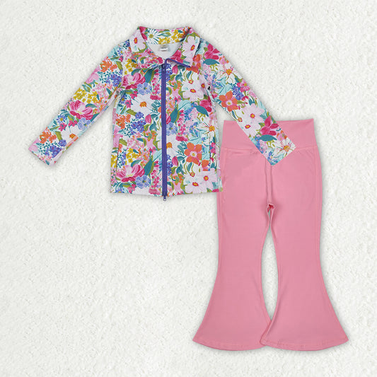 GLP2893 yoga colorful flowers purple zipper long sleeve pink pants girls set