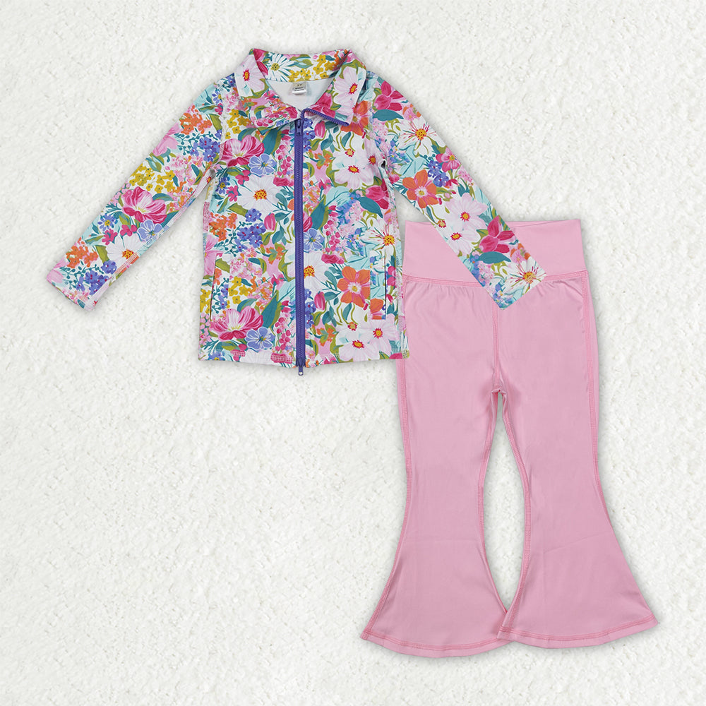 GLP2894 yoga colorful flowers purple zipper long sleeve pink pants girls set