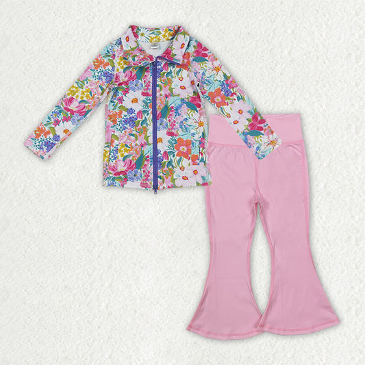 GLP2894 yoga colorful flowers purple zipper long sleeve pink pants girls set