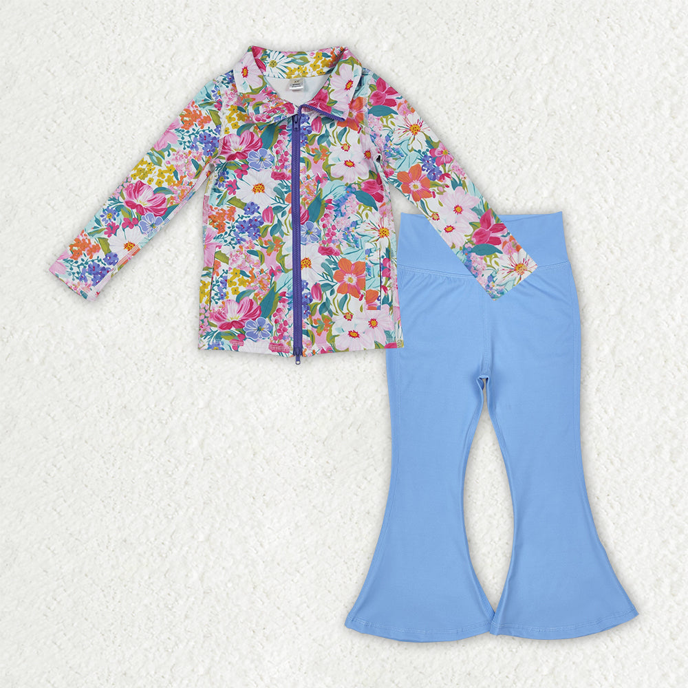 GLP2895 yoga colorful flowers purple zipper long sleeve blue pants girls set