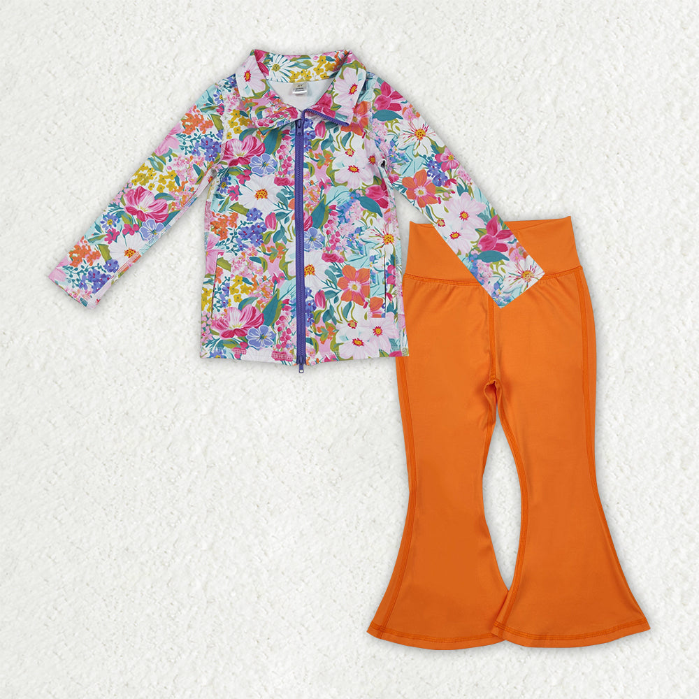 GLP2896 yoga colorful flowers purple zipper long sleeve orange pants girls set
