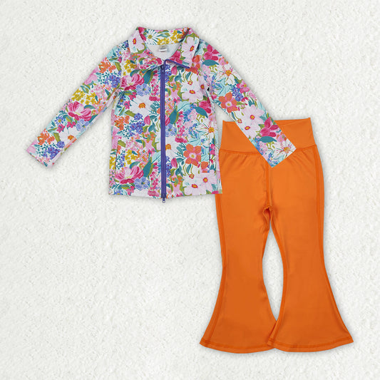 GLP2896 yoga colorful flowers purple zipper long sleeve orange pants girls set
