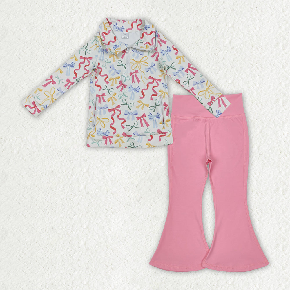 GLP2897 yoga colorful bows zipper long sleeve pink pants girls set