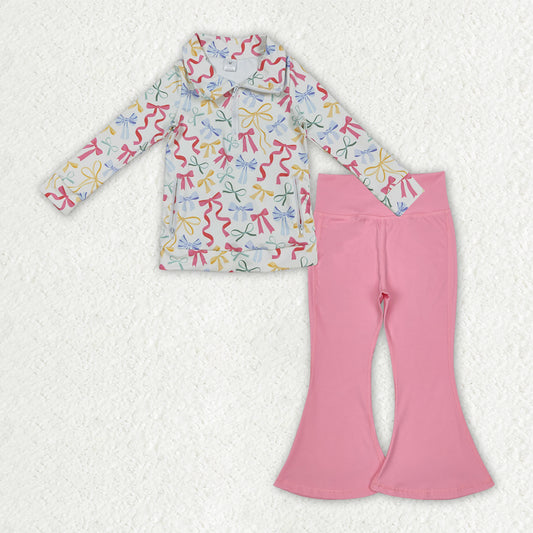 GLP2897 yoga colorful bows zipper long sleeve pink pants girls set