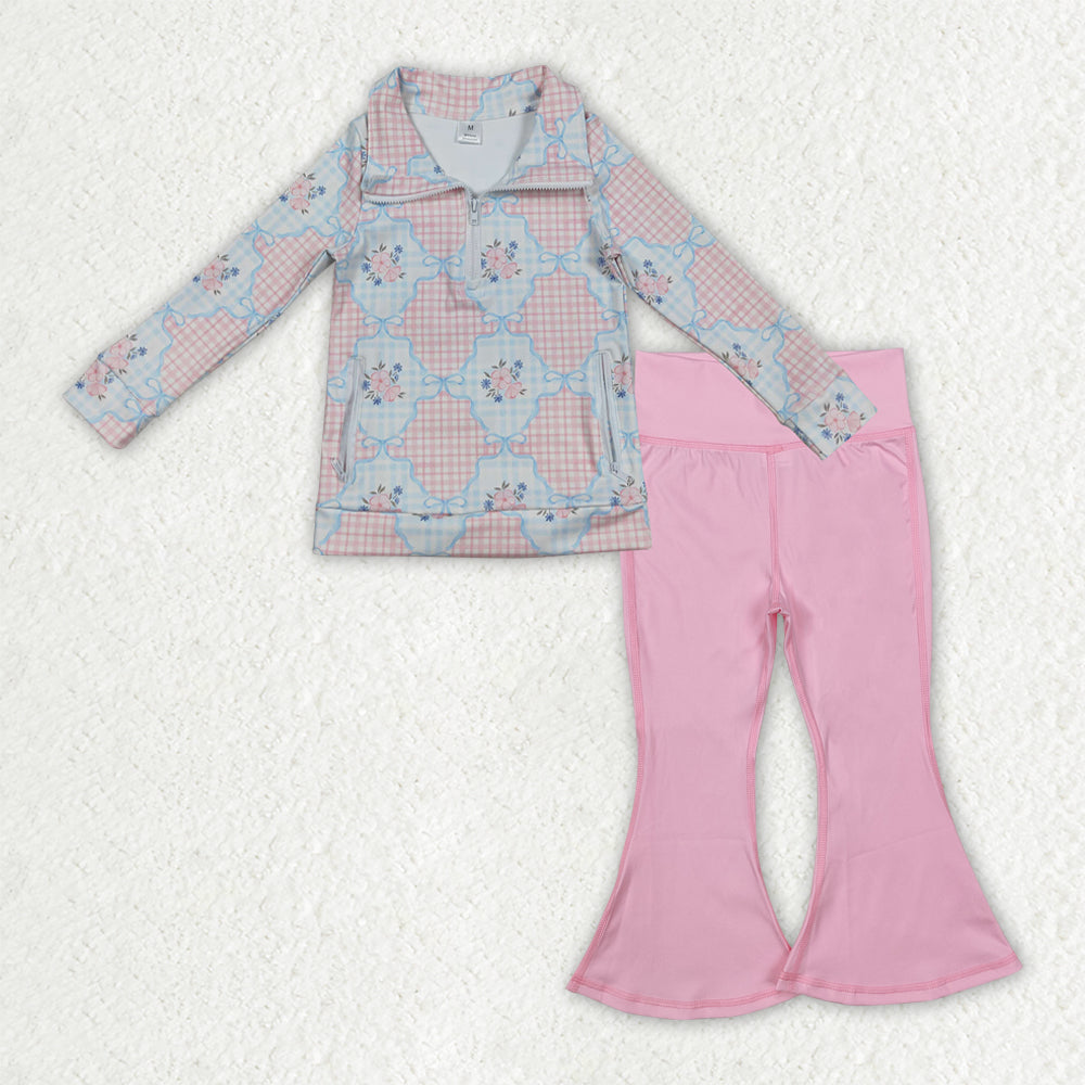 GLP2898 yoga pink flowers checkered blue bows zipper long sleeve pink pants girls set