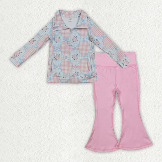 GLP2898 yoga pink flowers checkered blue bows zipper long sleeve pink pants girls set
