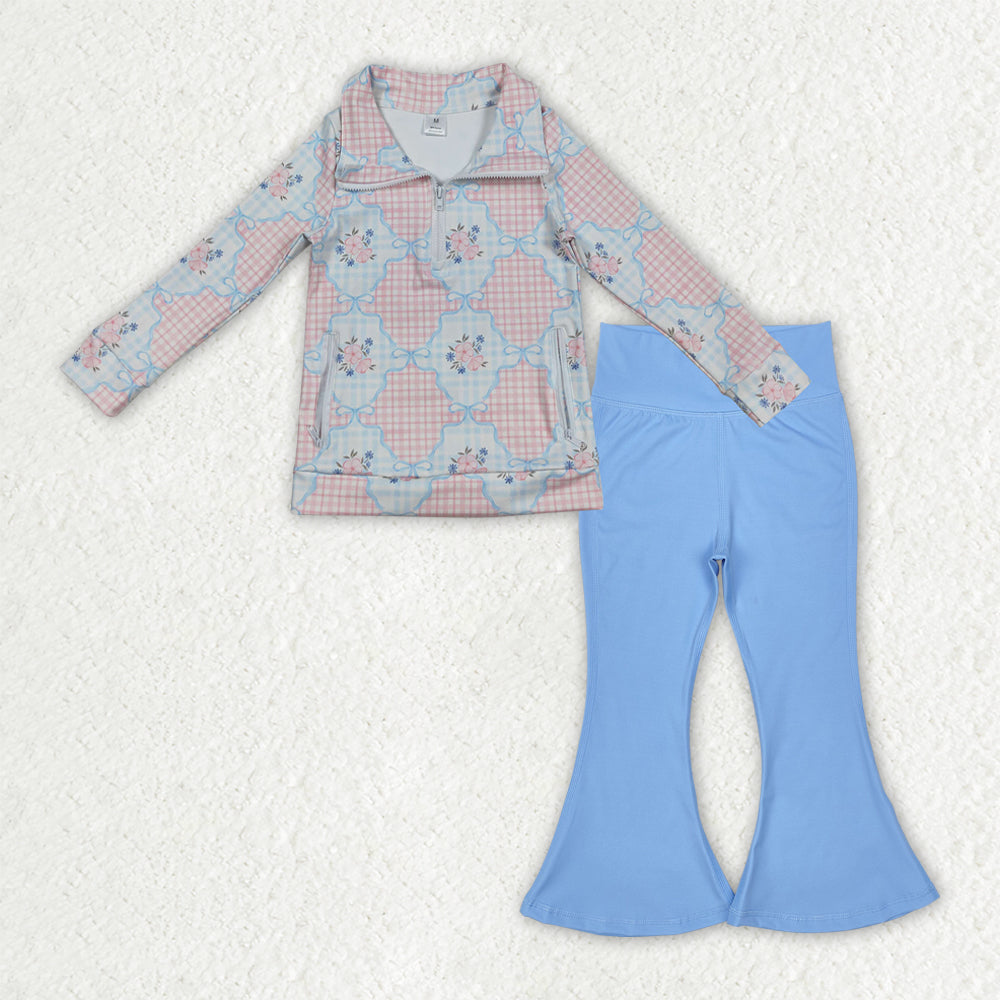 GLP2899 yoga pink flowers checkered blue bows zipper long sleeve blue pants girls set