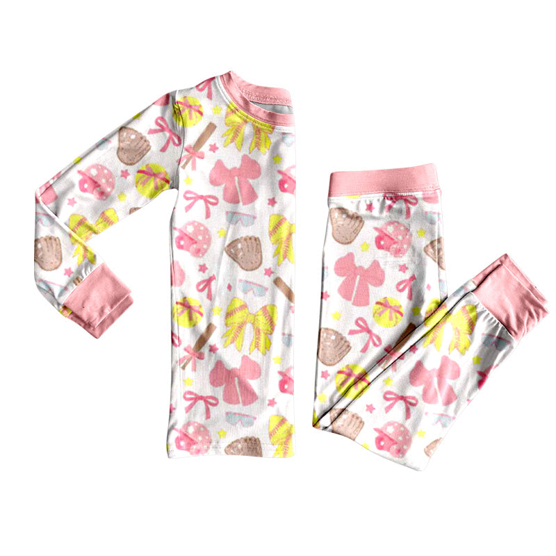preorder GLP2905 baseball bows pink bows long sleeve pants girls pajamas