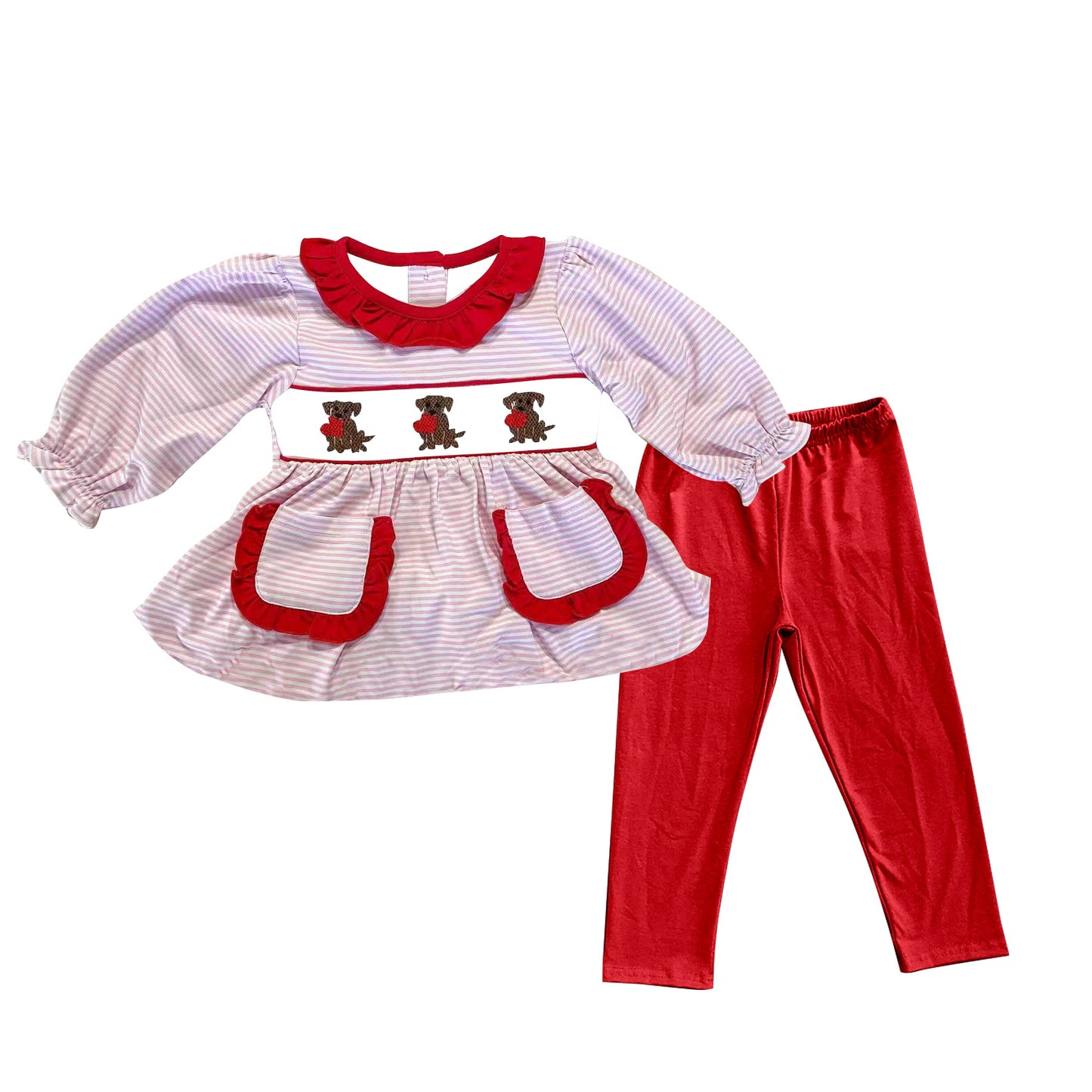 preorder GLP2907 Valentine's Day dot heart pink striped pockets long sleeve red pants girls set