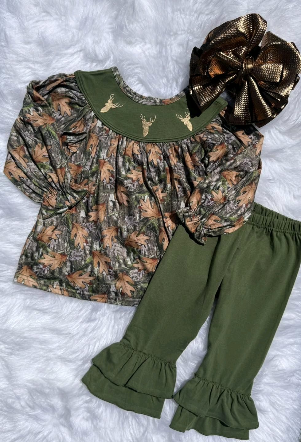 preorder GLP2908 hunting deer branch long sleeve green pants girls set