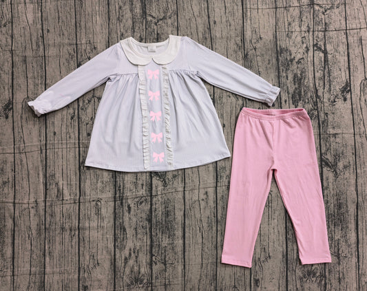 preorder Samples GLP2909 pink bows blue striped long sleeve pink pants girls set